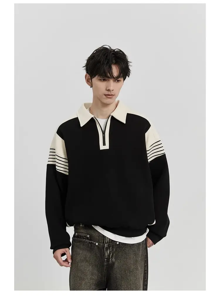 Men Black White Striped Half Zip Knit Sweater Pants Set — feature 18