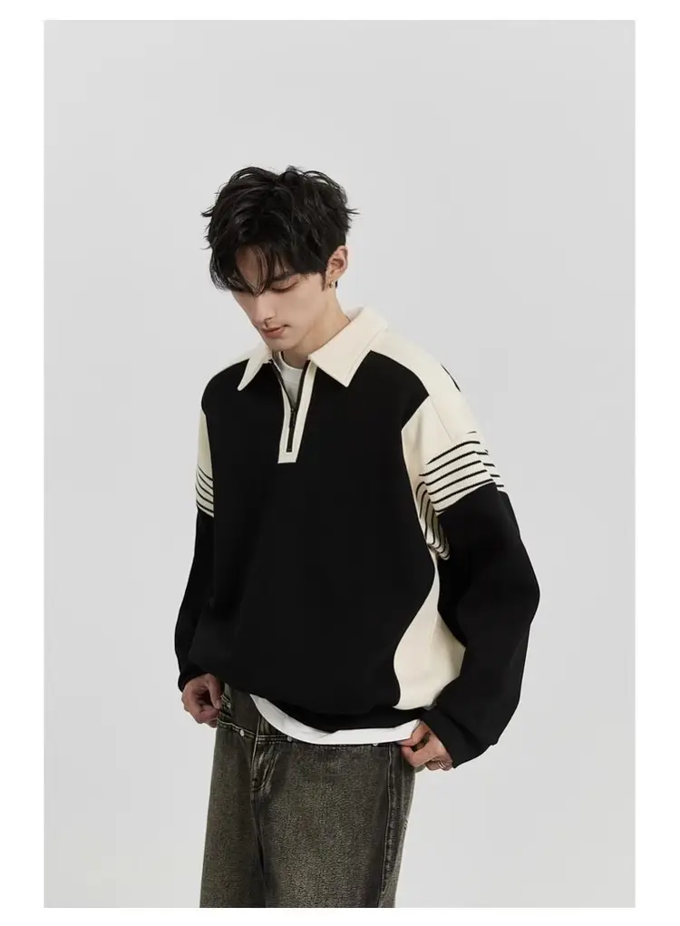 Men Black White Striped Half Zip Knit Sweater Pants Set — feature 19