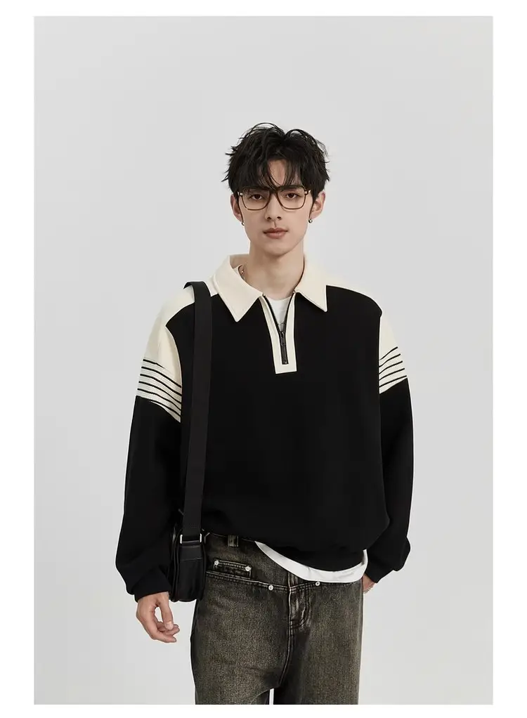 Men Black White Striped Half Zip Knit Sweater Pants Set — feature 20