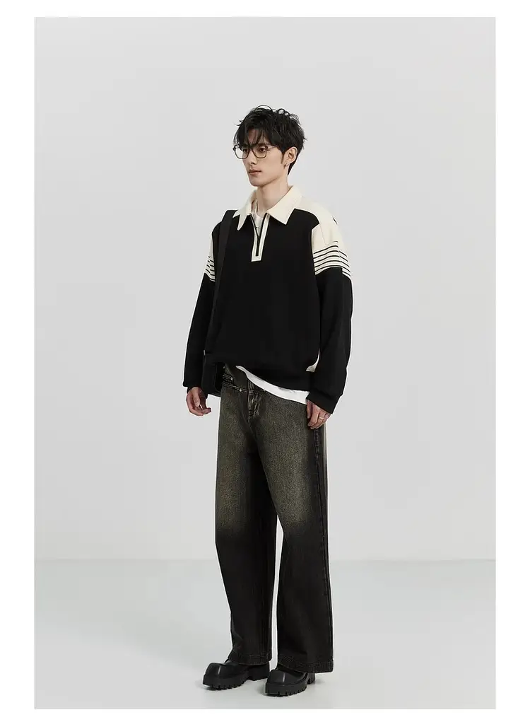 Men Black White Striped Half Zip Knit Sweater Pants Set — feature 21