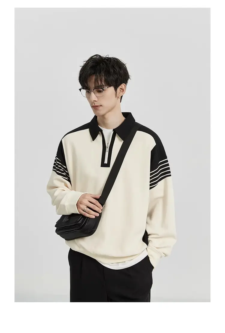 Men Black White Striped Half Zip Knit Sweater Pants Set — feature 3