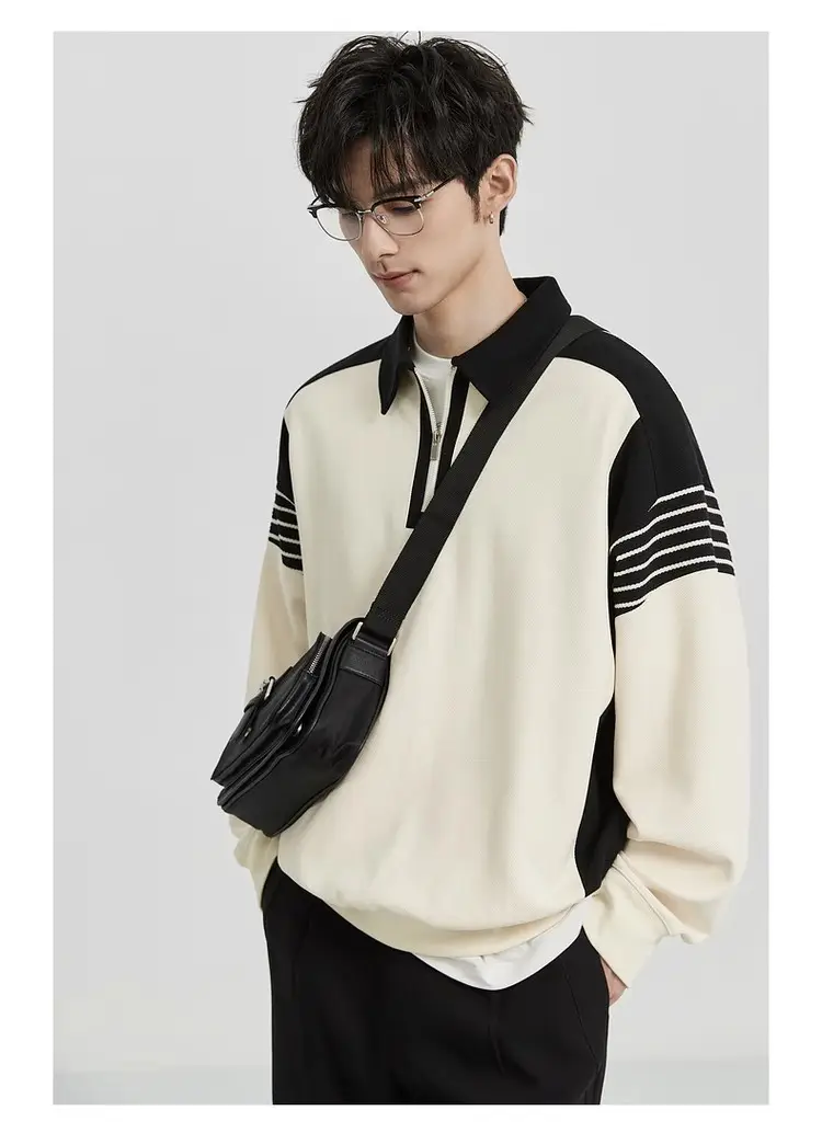 Men Black White Striped Half Zip Knit Sweater Pants Set — feature 4