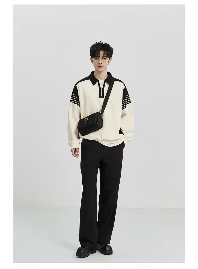 Men Black White Striped Half Zip Knit Sweater Pants Set — feature 5