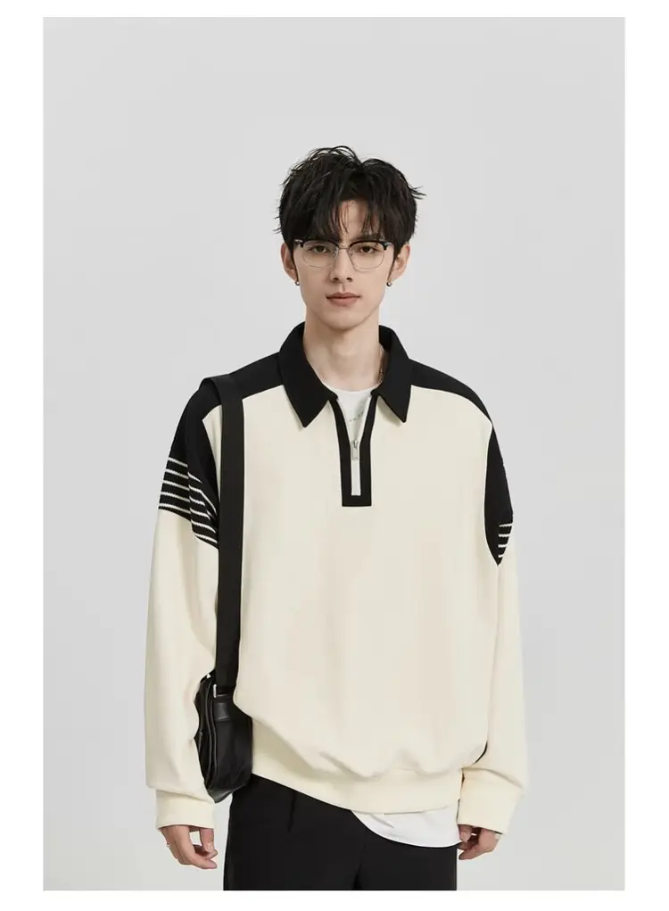 Men Black White Striped Half Zip Knit Sweater Pants Set — feature 6