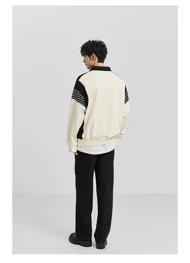 Men Black White Striped Half Zip Knit Sweater Pants Set — feature 7