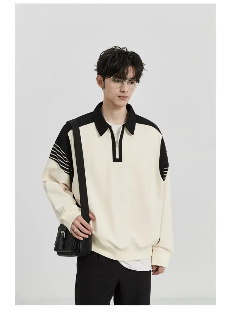 Men Black White Striped Half Zip Knit Sweater Pants Set — feature 8