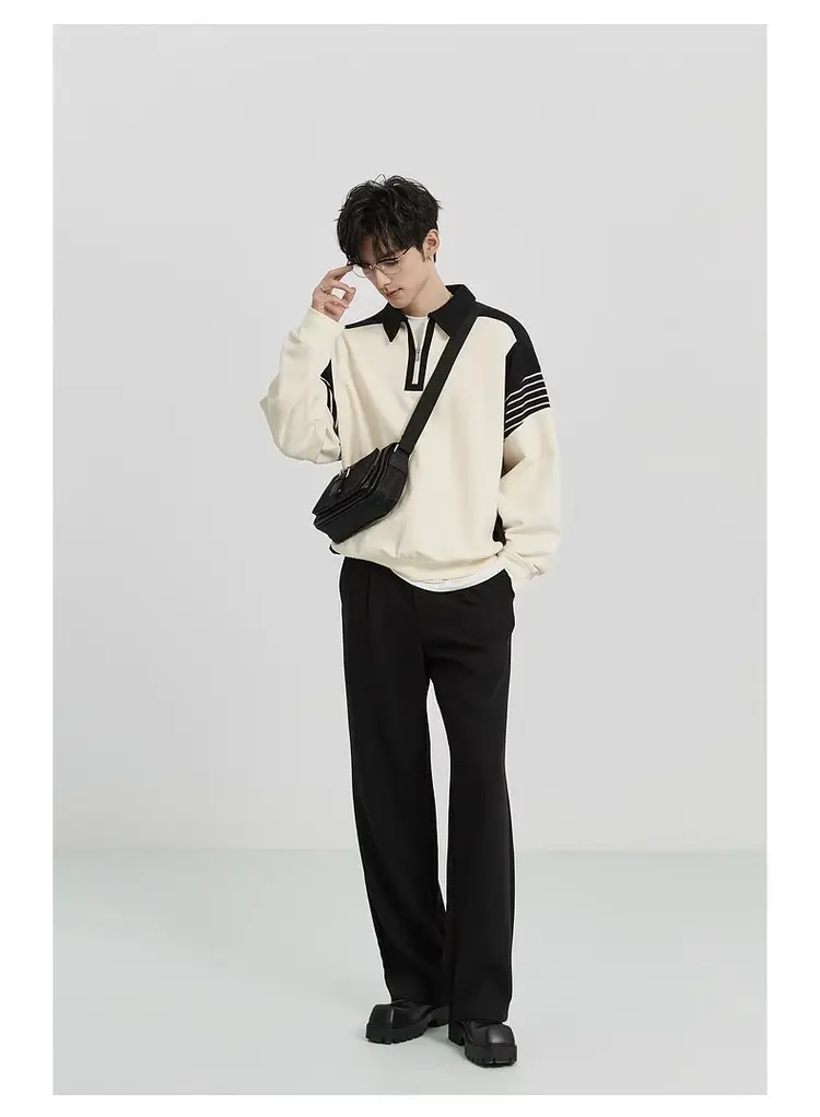 Men Black White Striped Half Zip Knit Sweater Pants Set — feature 9