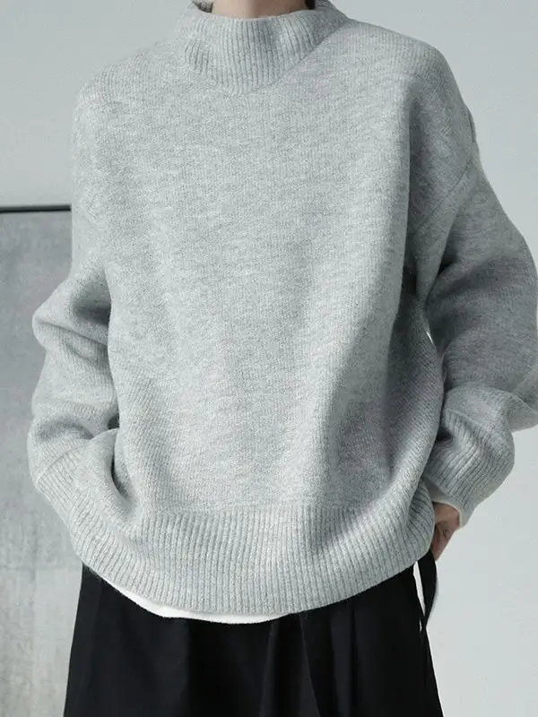 Men's Grey Japanese Style Knit Half-Turtleneck Sweater - Image 5