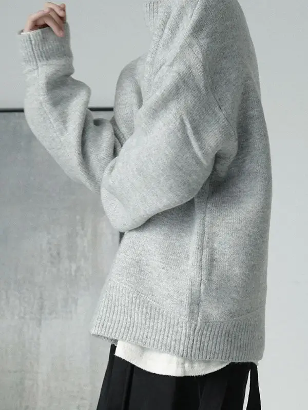 Men's Grey Japanese Style Knit Half-Turtleneck Sweater - Image 6