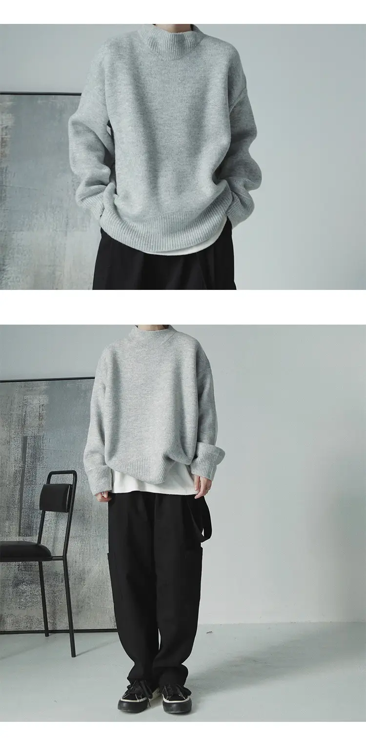 Men's Grey Japanese Style Knit Half-Turtleneck Sweater — feature 11