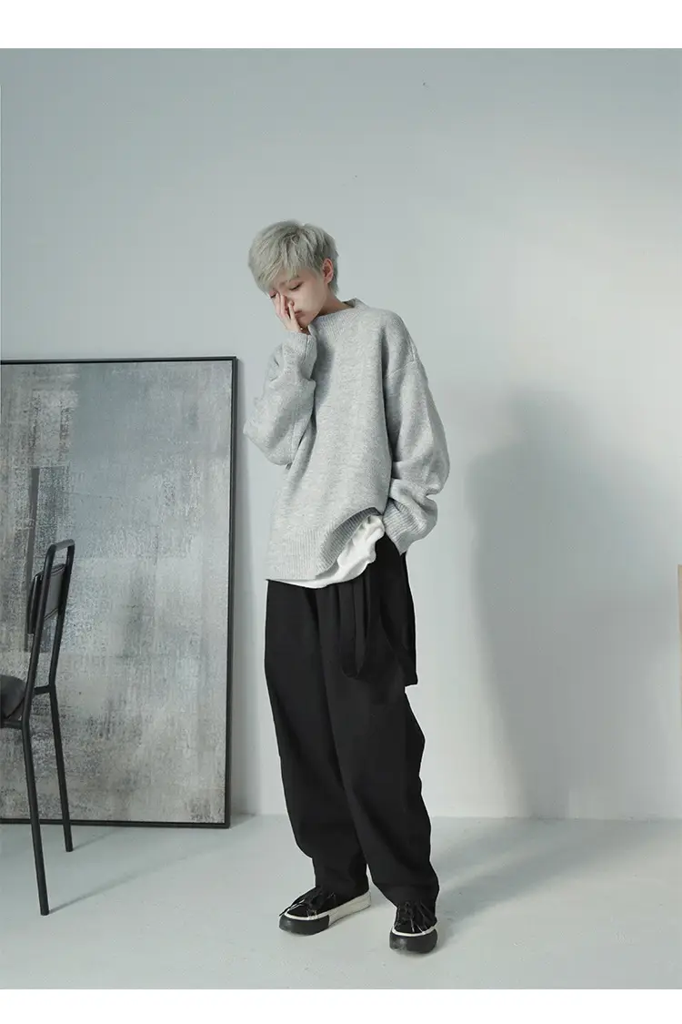 Men's Grey Japanese Style Knit Half-Turtleneck Sweater — feature 12