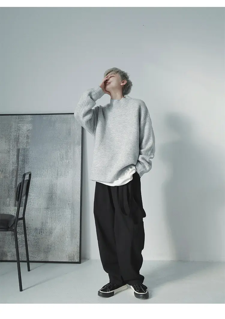 Men's Grey Japanese Style Knit Half-Turtleneck Sweater — feature 13