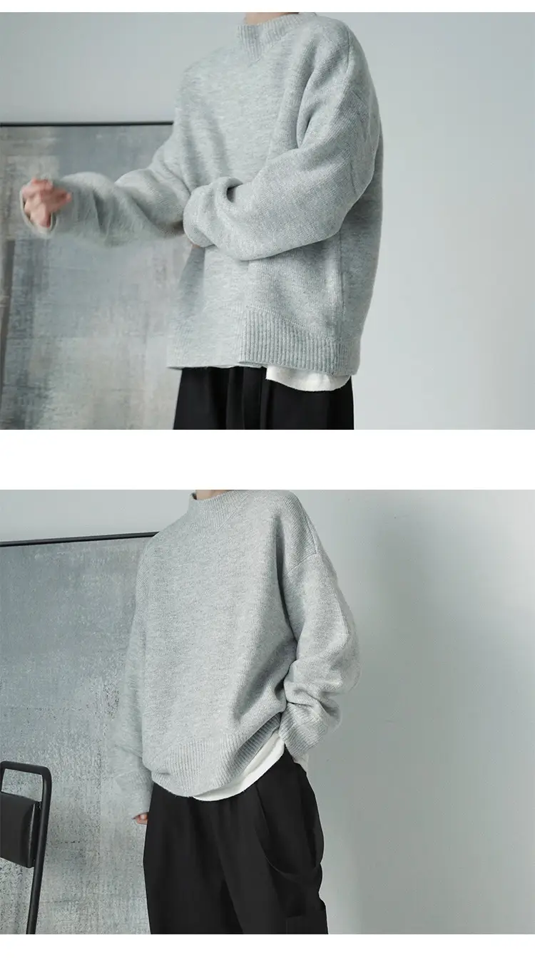 Men's Grey Japanese Style Knit Half-Turtleneck Sweater — feature 3