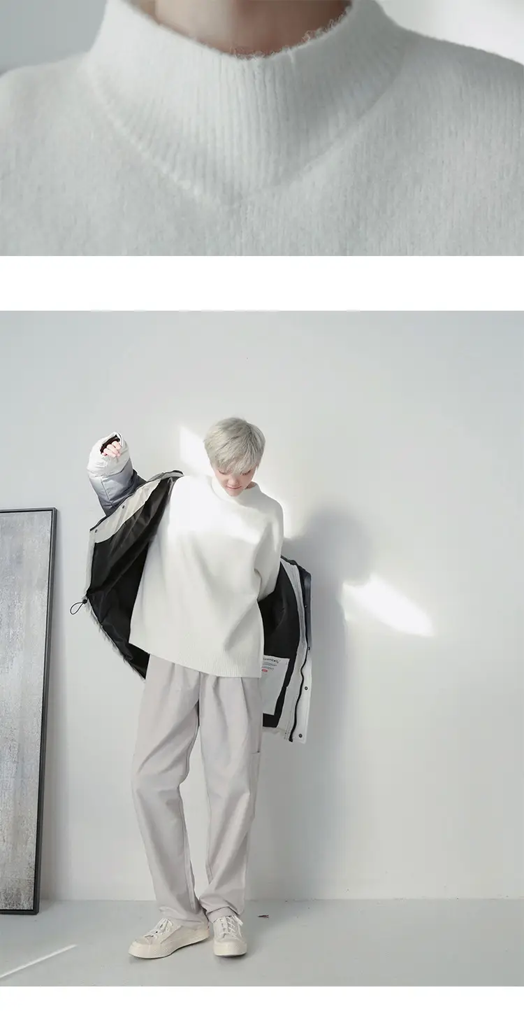 Men's Grey Japanese Style Knit Half-Turtleneck Sweater — feature 6