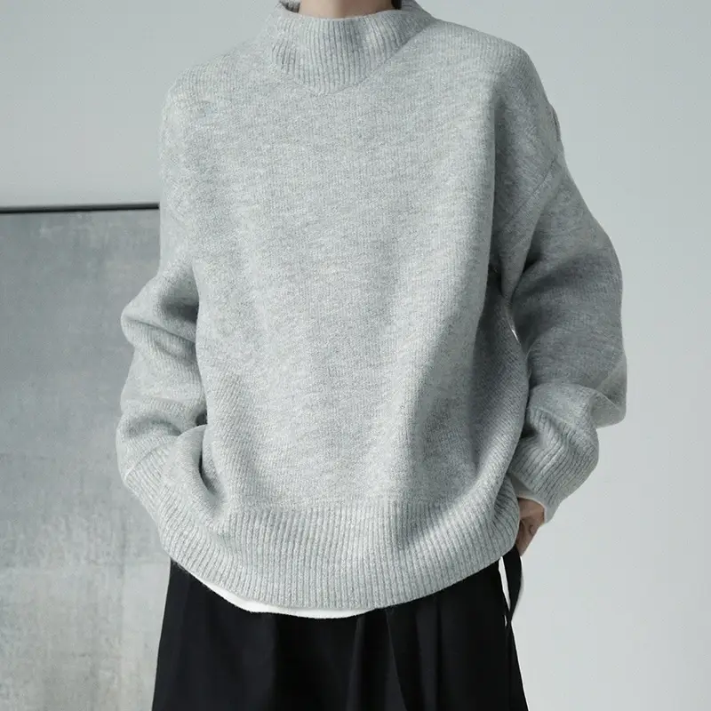 Men's Grey Japanese Style Knit Half-Turtleneck Sweater - Image 2