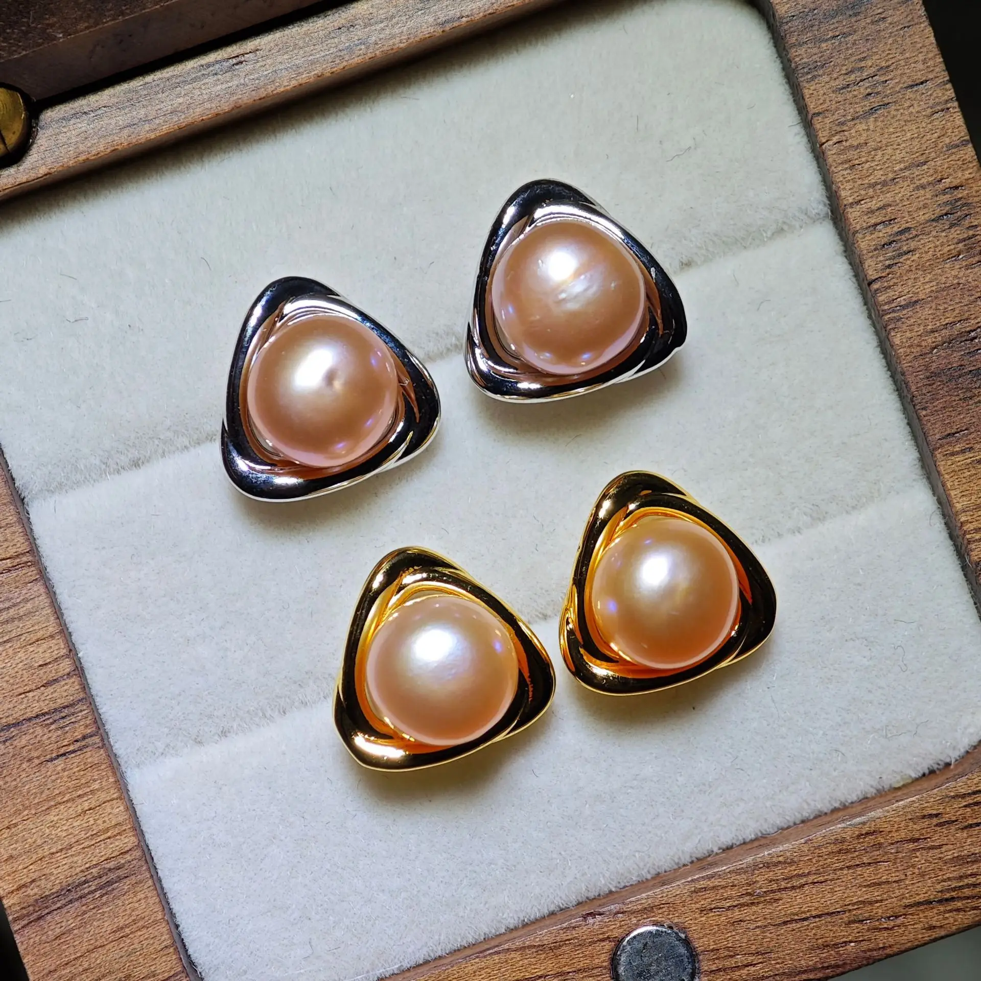 Geometric Triangle Pearl Earrings Set of 4