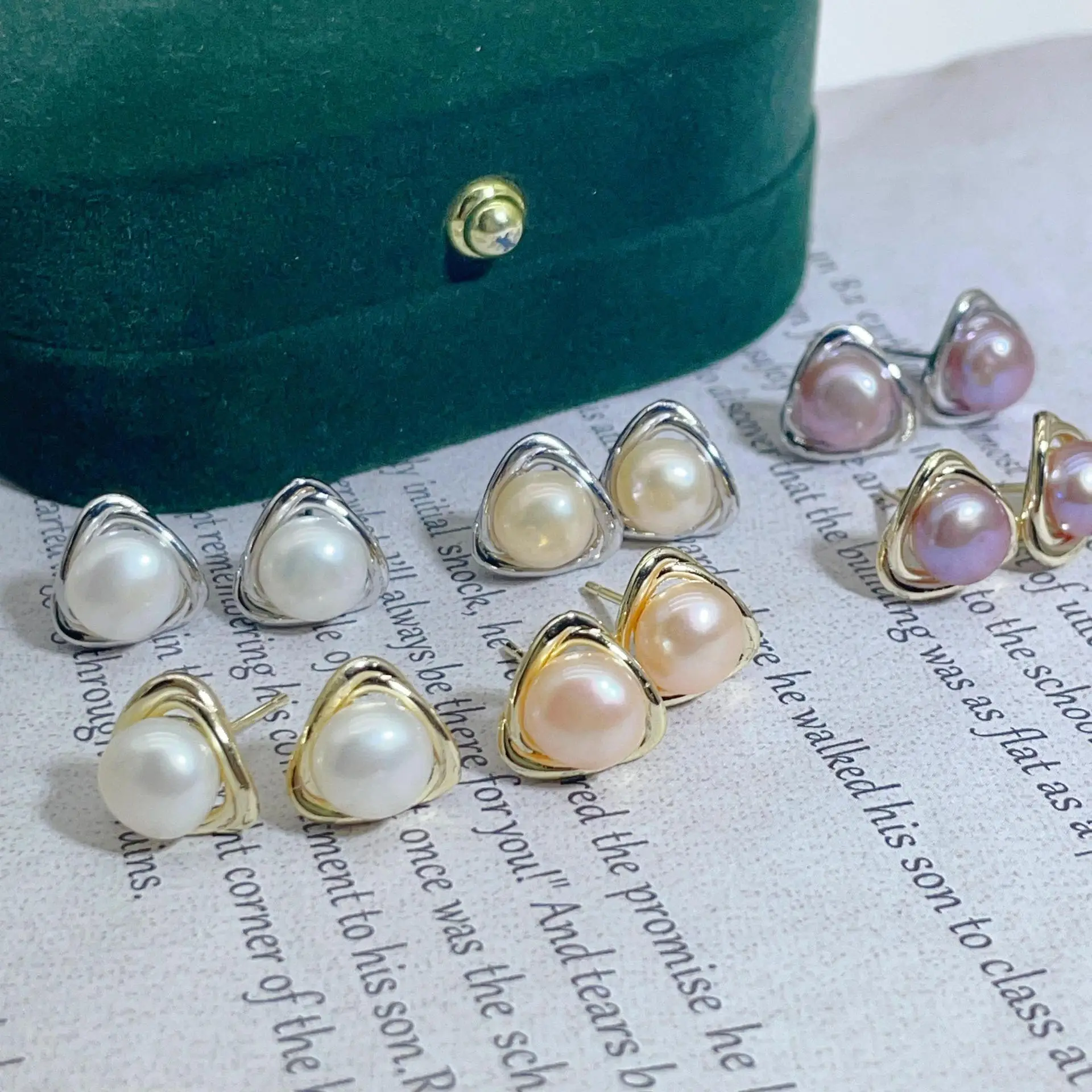 Geometric Triangle Pearl Earrings Set of 4 — feature 2