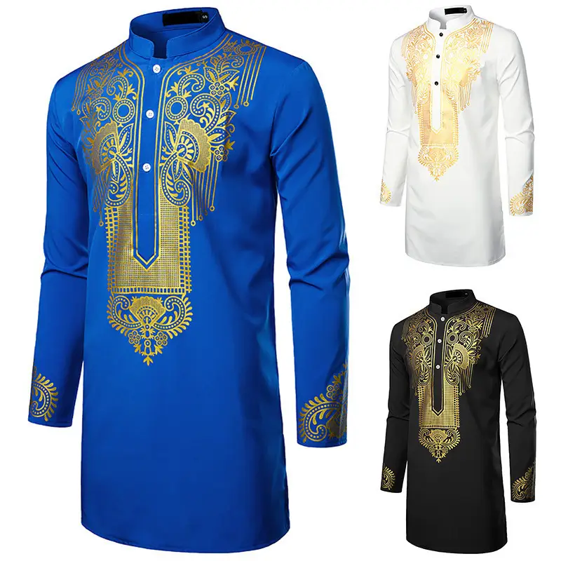 Men's White Gold Embroidered Long Pullover Shirt - Image 16