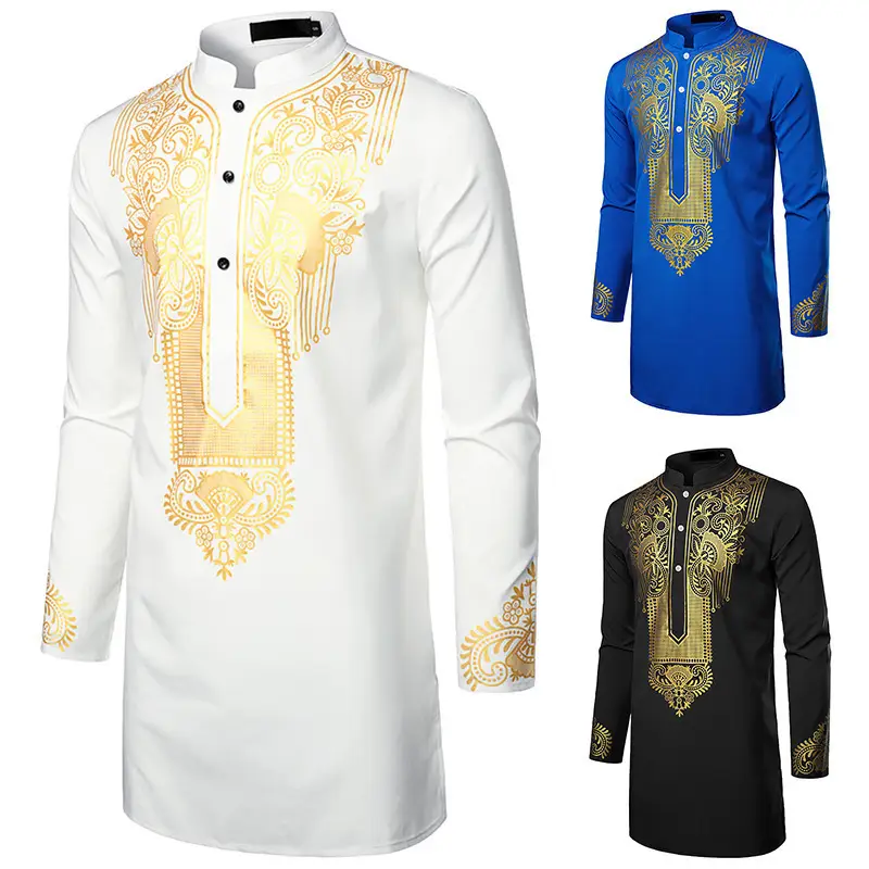 Men's White Gold Embroidered Long Pullover Shirt - Image 17
