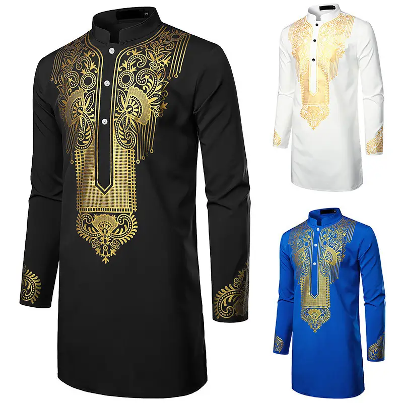 Men's White Gold Embroidered Long Pullover Shirt - Image 18