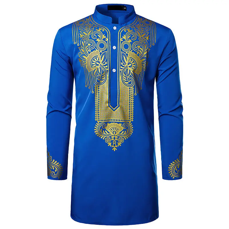 Men's White Gold Embroidered Long Pullover Shirt - Image 19