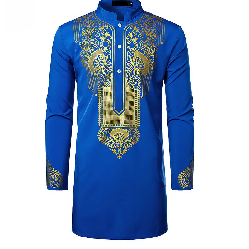 Men's White Gold Embroidered Long Pullover Shirt - Image 14