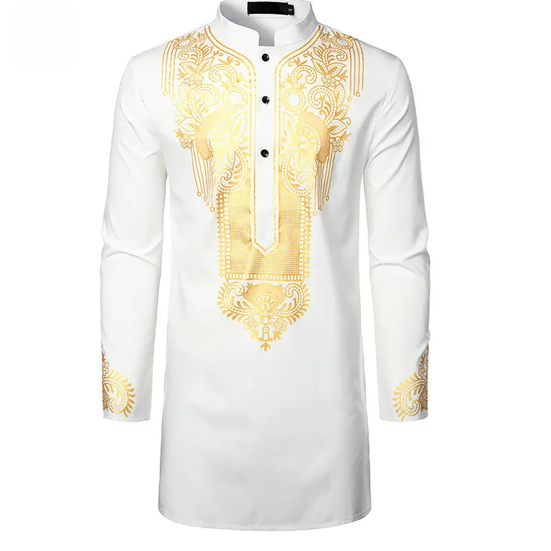 Men's White Gold Embroidered Long Pullover Shirt - Image 4