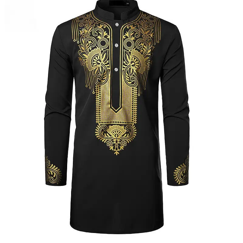 Men's White Gold Embroidered Long Pullover Shirt - Image 9