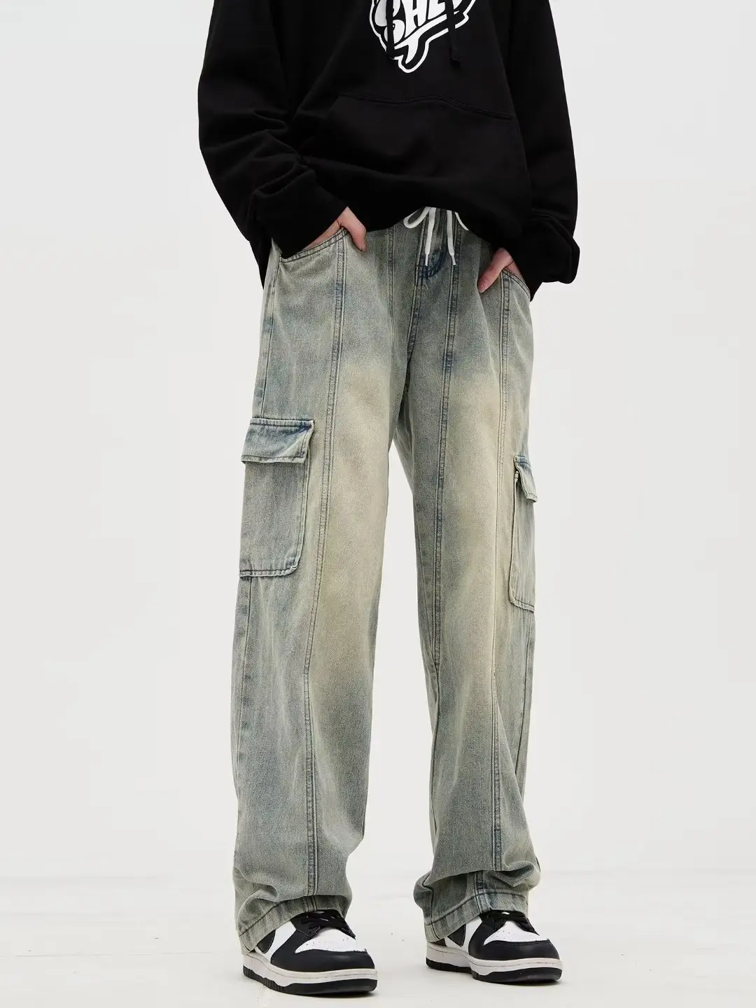 Men Drawstring Jeans Light Grey Cotton Loose Fit