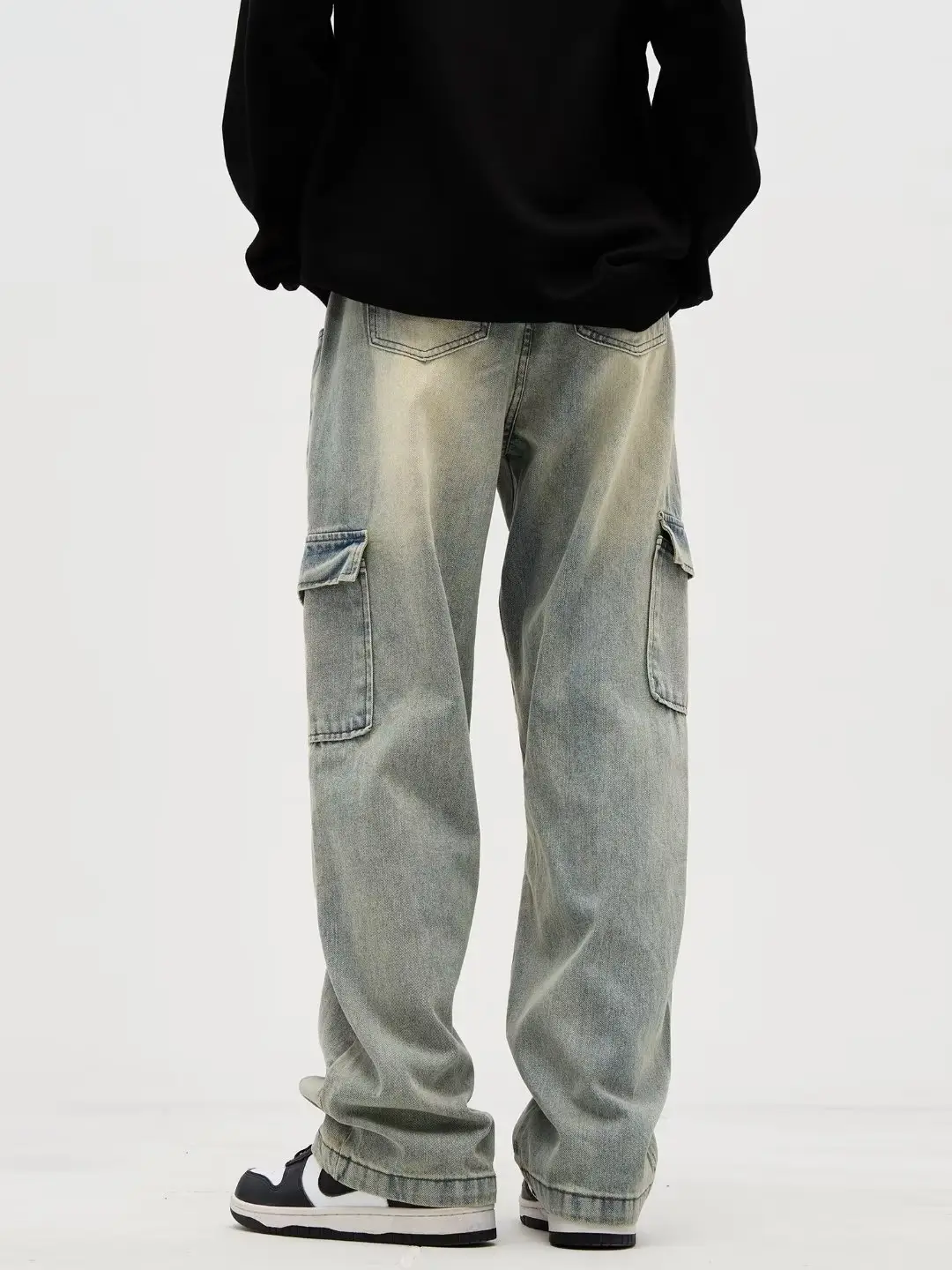Men Drawstring Jeans Light Grey Cotton Loose Fit