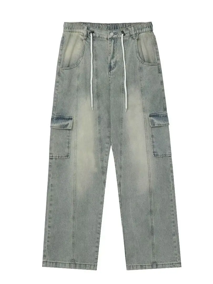 Men Drawstring Jeans Light Grey Cotton Loose Fit