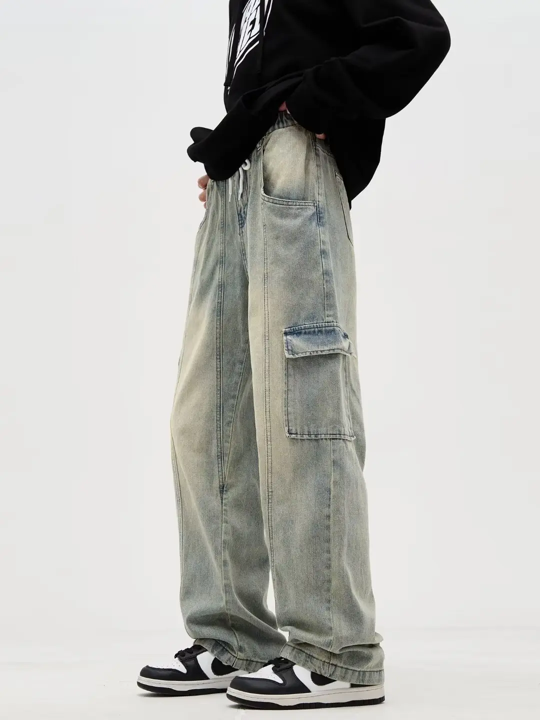 Men Drawstring Jeans Light Grey Cotton Loose Fit — feature 2