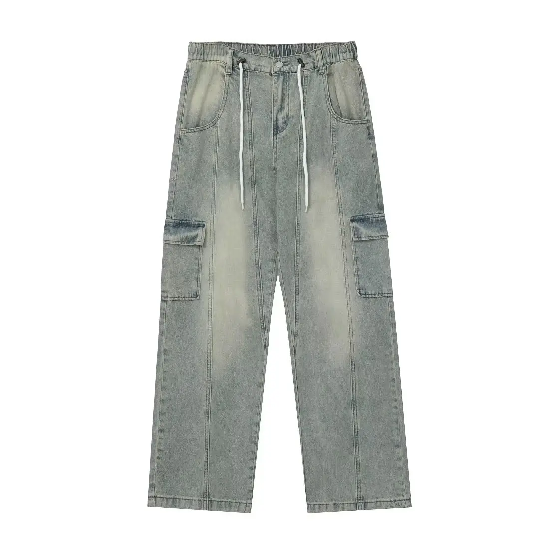 Men Drawstring Jeans Light Grey Cotton Loose Fit — feature 5
