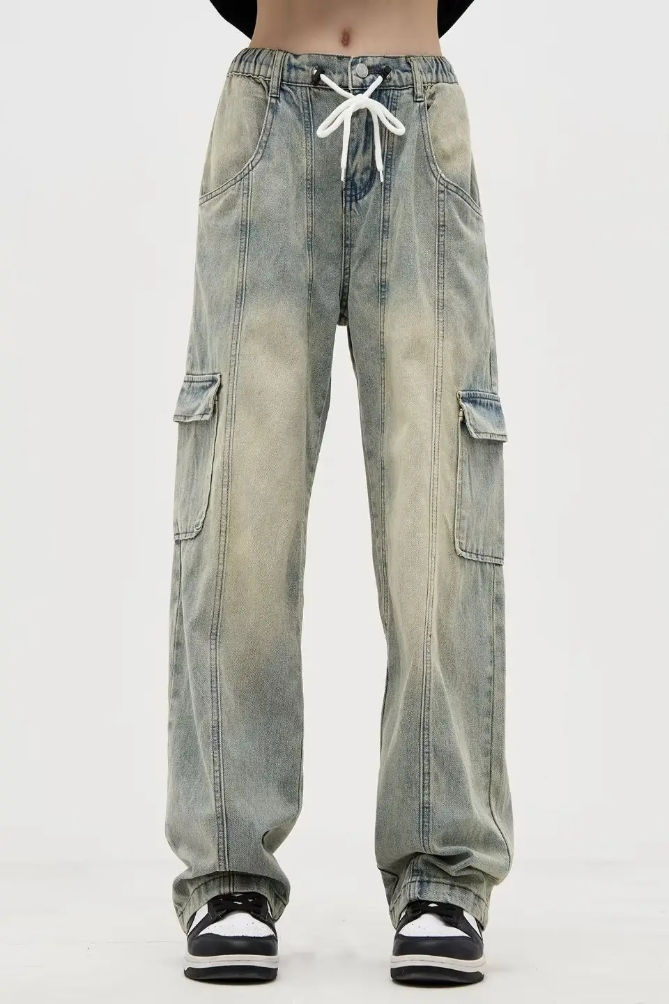Men Drawstring Jeans Light Grey Cotton Loose Fit — feature 6