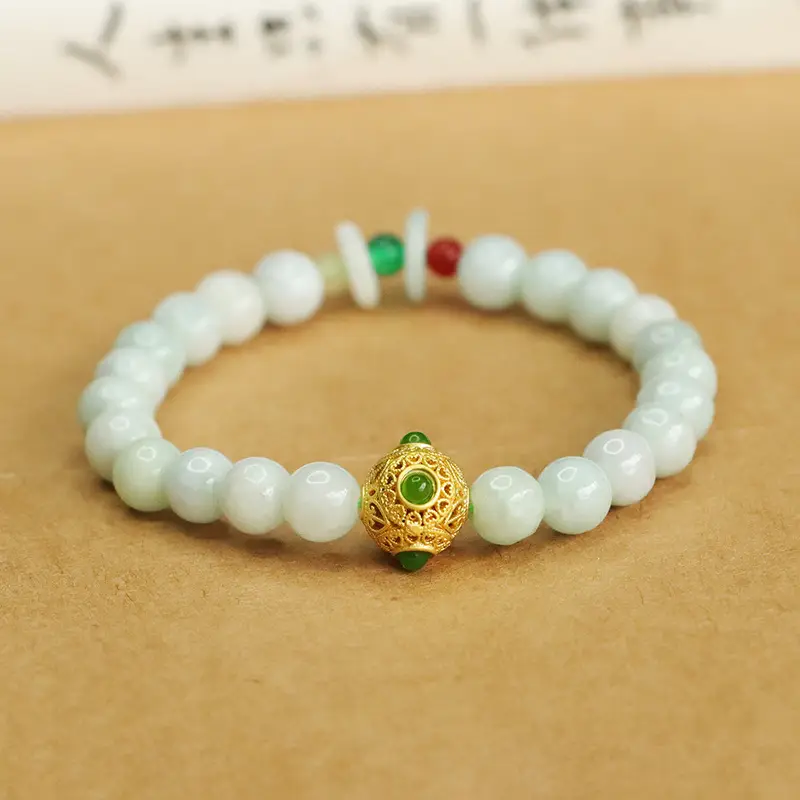 Jadeite Peace Buckle Bracelet with Green & Red Stones - Image 3