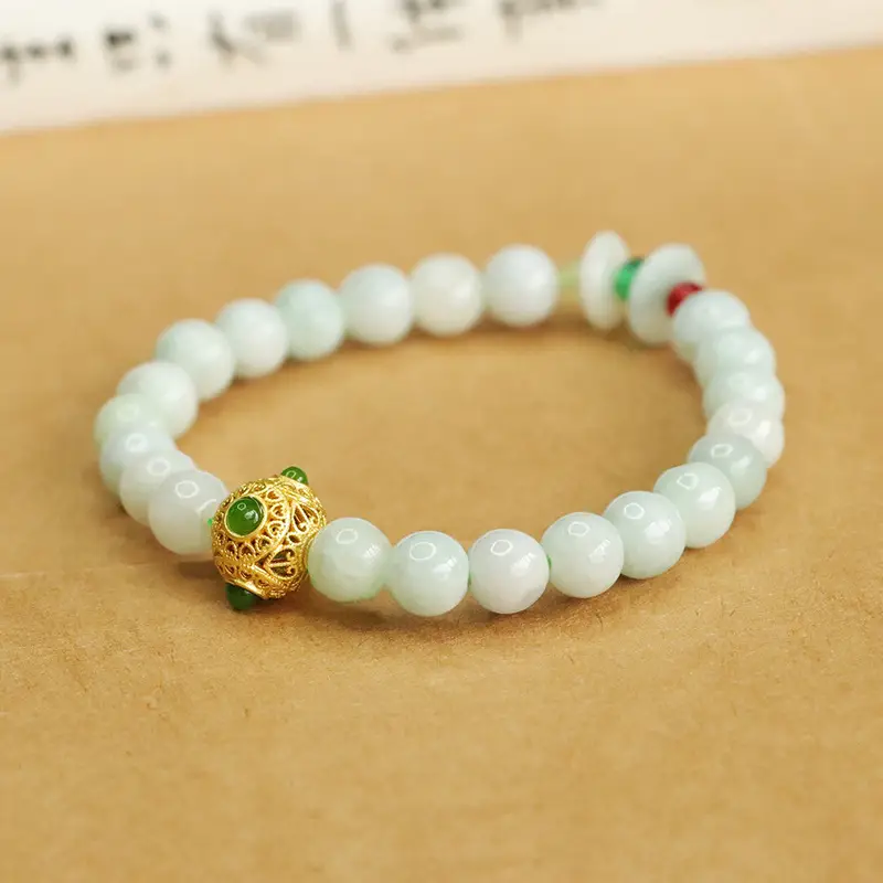Jadeite Peace Buckle Bracelet with Green & Red Stones - Image 4
