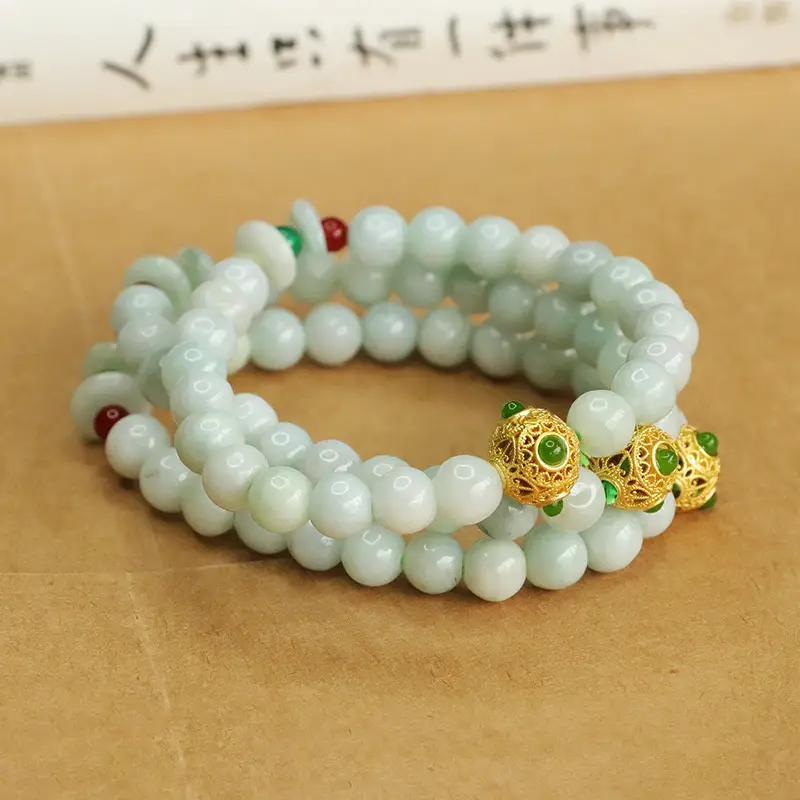 Jadeite Peace Buckle Bracelet with Green & Red Stones - Image 5