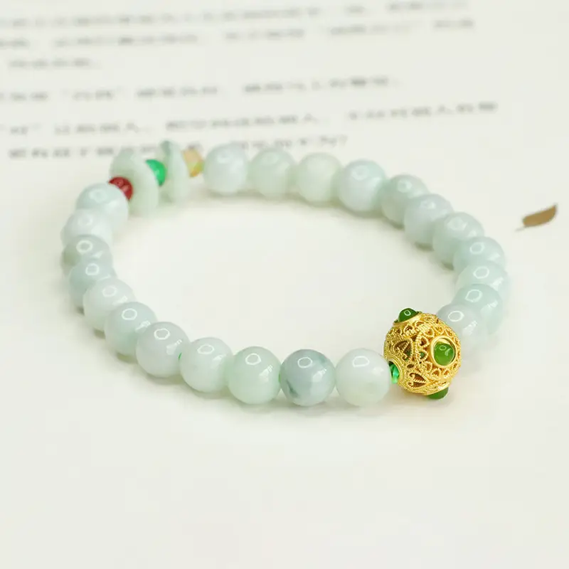 Jadeite Peace Buckle Bracelet with Green & Red Stones — feature 12