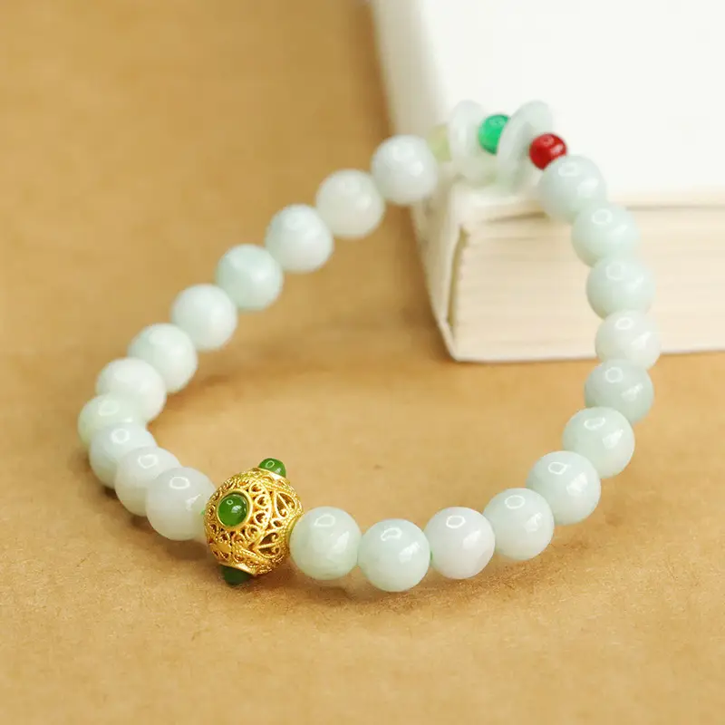 Jadeite Peace Buckle Bracelet with Green & Red Stones — feature 7