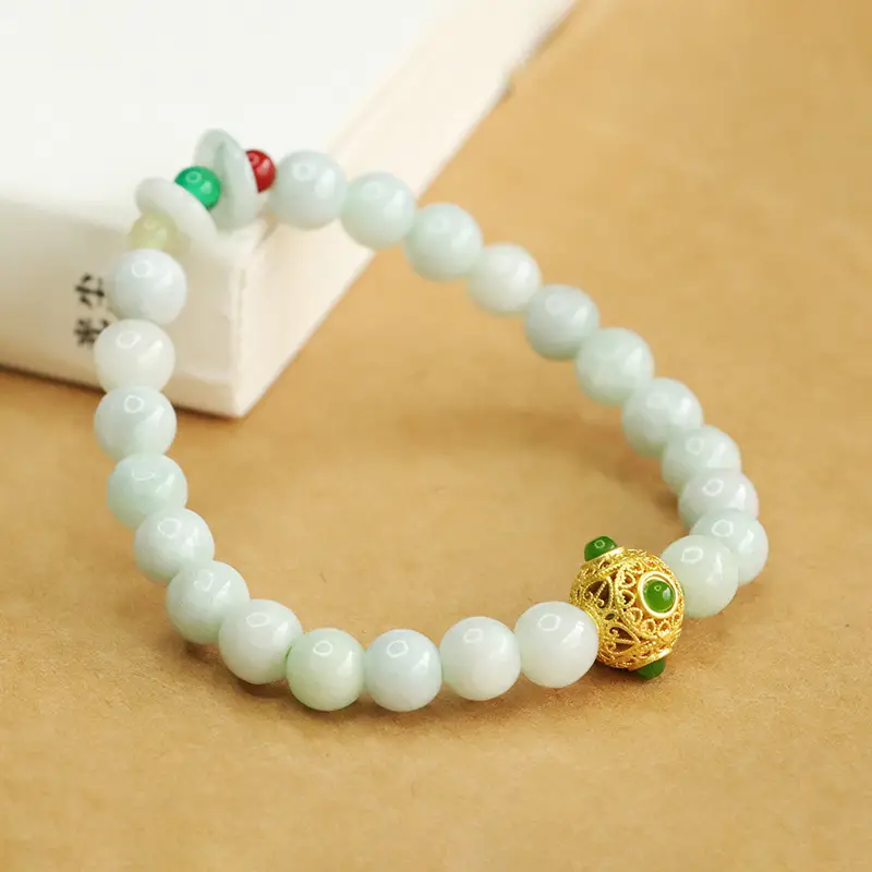 Jadeite Peace Buckle Bracelet with Green & Red Stones — feature 9