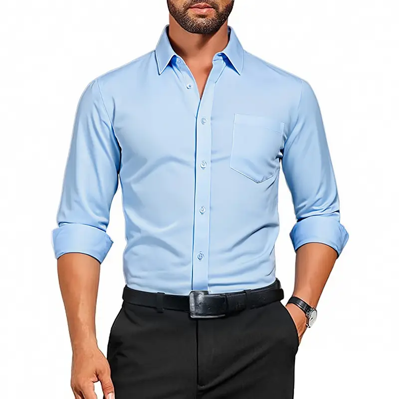 Green Slim Fit Men's Long Sleeve Shirt with Elastic Waistband - Image 2