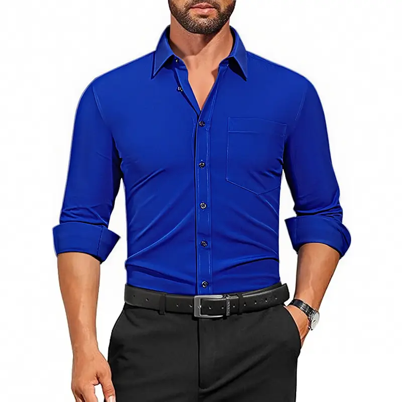 Green Slim Fit Men's Long Sleeve Shirt with Elastic Waistband - Image 4