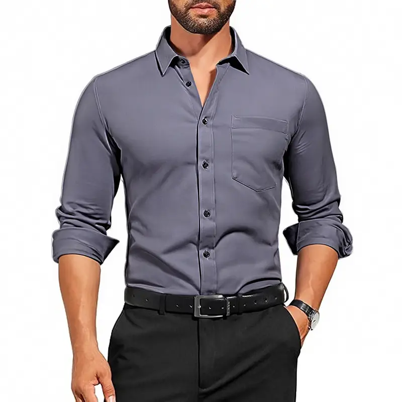 Green Slim Fit Men's Long Sleeve Shirt with Elastic Waistband - Image 5