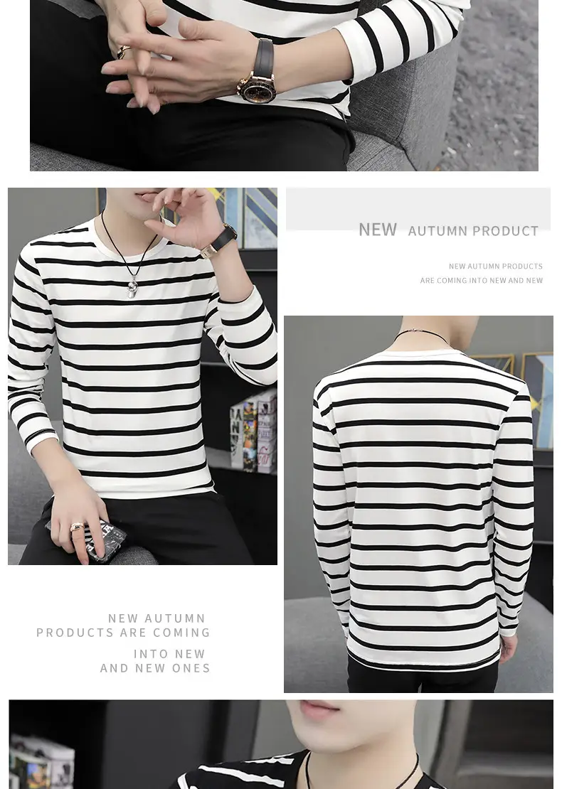 Men Striped Round Neck T-Shirt Black White Slim Fit — feature 10
