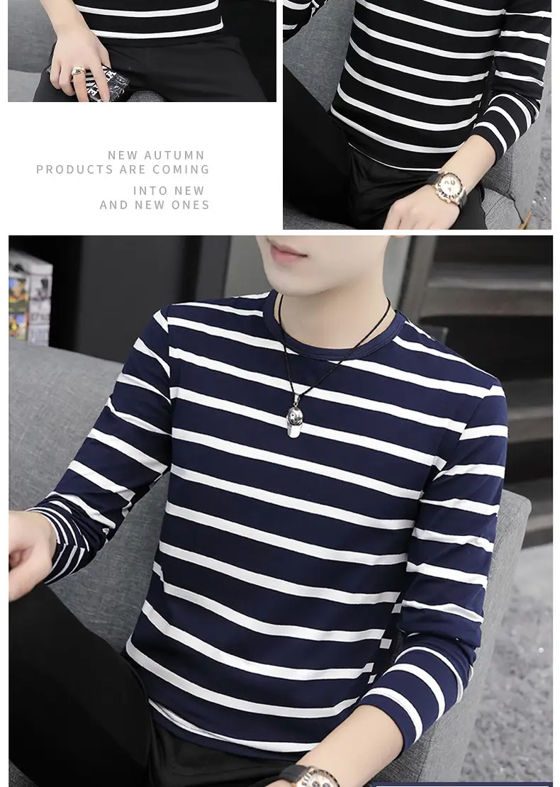 Men Striped Round Neck T-Shirt Black White Slim Fit — feature 12