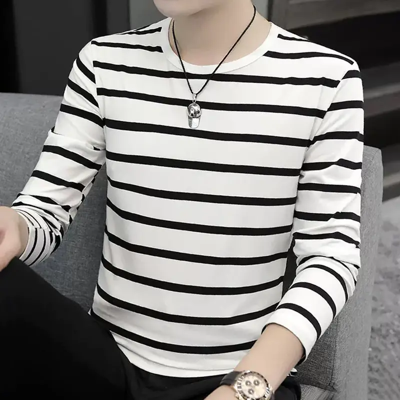 Men Striped Round Neck T-Shirt Black White Slim Fit