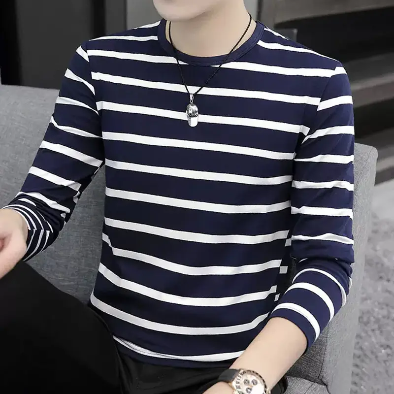 Men Striped Round Neck T-Shirt Black White Slim Fit