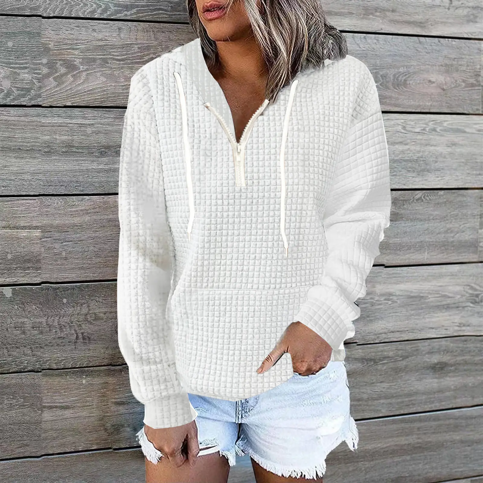 Women's Black Waffle Hoodie with White Zipper - Image 10