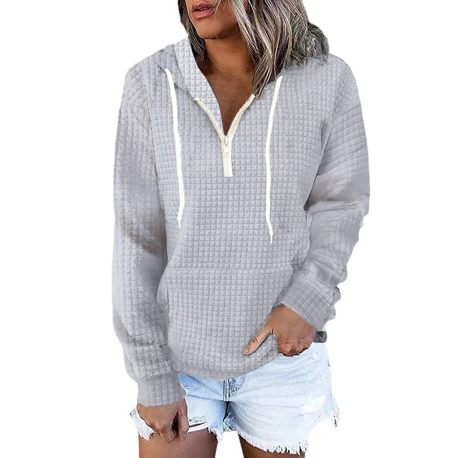Women's Black Waffle Hoodie with White Zipper - Image 11