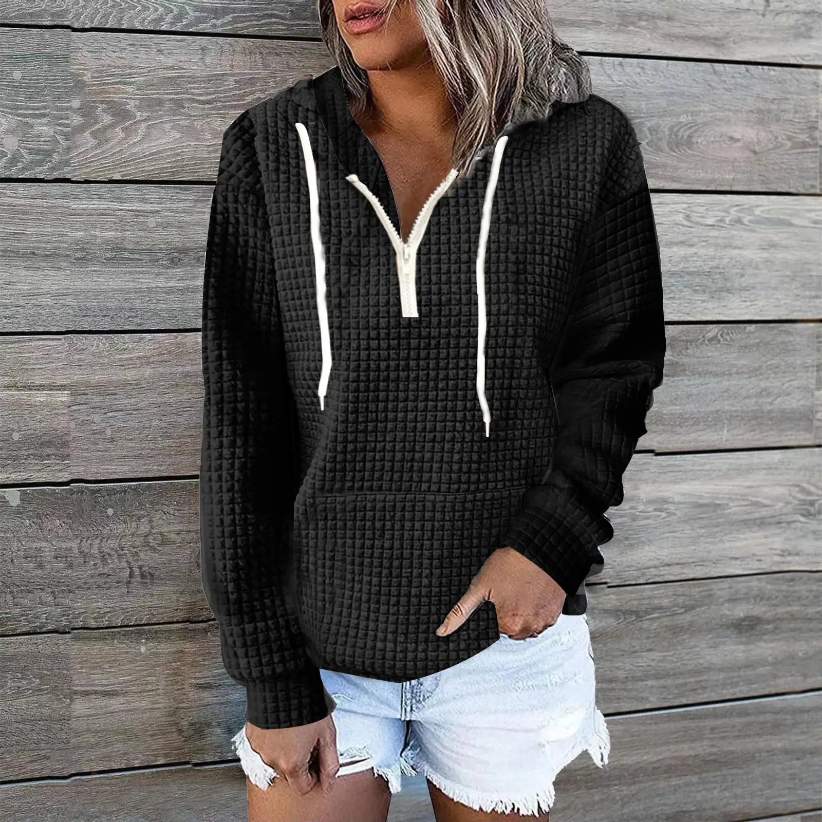 Women's Black Waffle Hoodie with White Zipper - Image 2